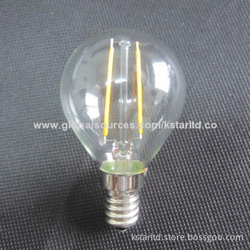 LED filament bulb G45, 2W, glass cover, E14/E27 base, 220-240V or 110V-130V AC, CE and RoHS